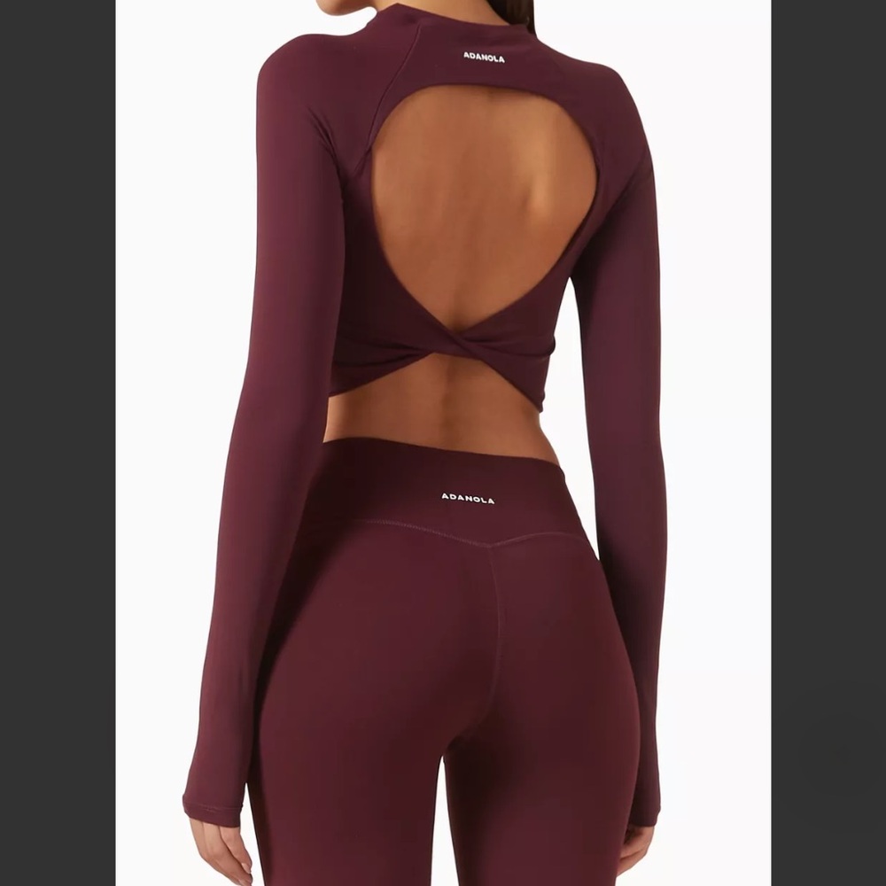 Adanola Ultimate Twist Back Long Sleeve Active Crop Top in Dark Cherry